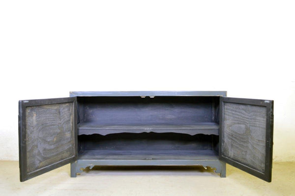 Credenza cinese in legno massello lacca blu grigio maniglie in ottone 2 ante
