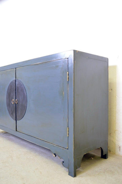 Credenza cinese in legno massello lacca blu grigio maniglie in ottone 2 ante