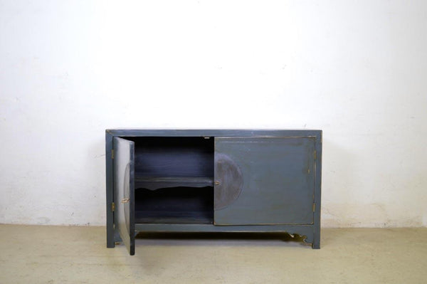 Credenza cinese in legno massello lacca blu grigio maniglie in ottone 2 ante
