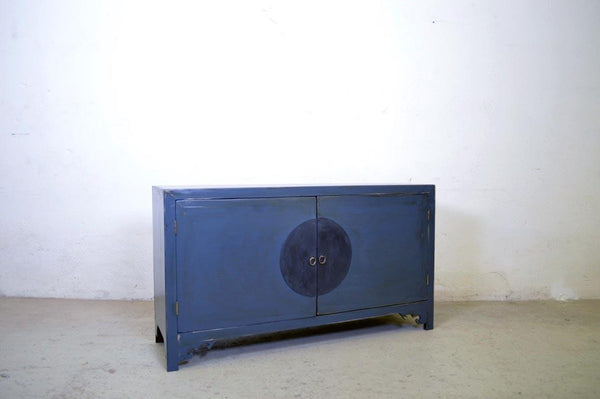 Credenza cinese in legno massello lacca blu grigio maniglie in ottone 2 ante