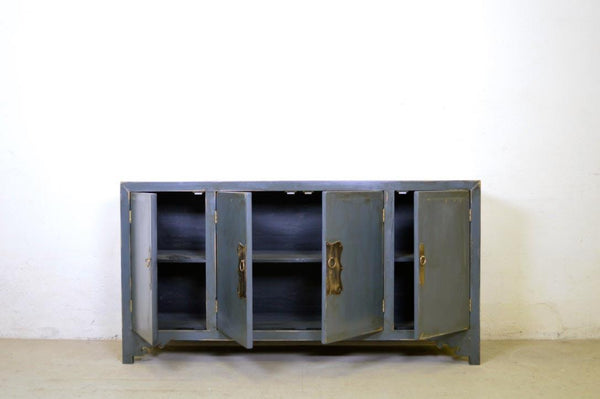 Credenza cinese in legno massello lacca blu grigio maniglie in ottone 4 ante