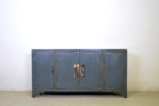 Credenza cinese in legno massello lacca blu grigio maniglie in ottone 4 ante - lapagoda.net