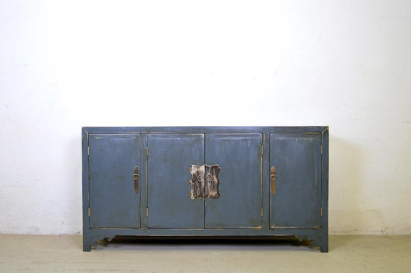 Credenza cinese in legno massello lacca blu grigio maniglie in ottone 4 ante