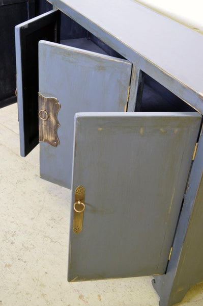 Credenza cinese in legno massello lacca blu grigio maniglie in ottone 4 ante