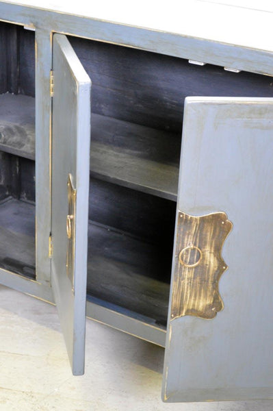Credenza cinese in legno massello lacca blu grigio maniglie in ottone 4 ante