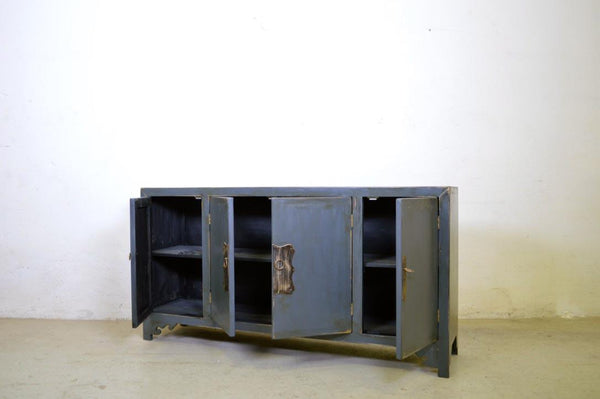 Credenza cinese in legno massello lacca blu grigio maniglie in ottone 4 ante