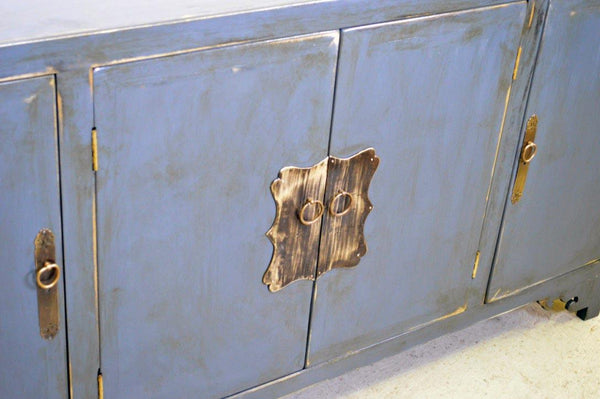Credenza cinese in legno massello lacca blu grigio maniglie in ottone 4 ante