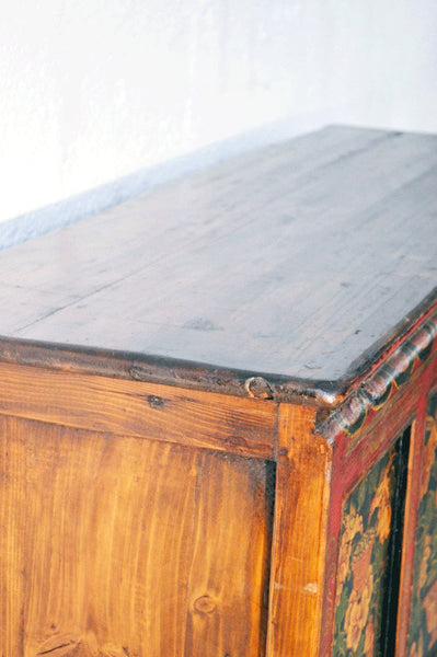 Credenza cinese con Dipinto in lacca naturale, originale Cina Tibet 4 ante K0118 - lapagoda.net
