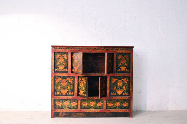 Credenza cinese con Dipinto in lacca naturale, originale Cina Tibet 4 ante K0118 - lapagoda.net