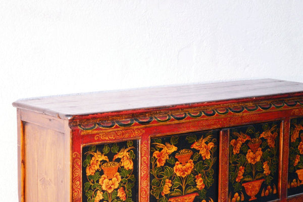 Credenza cinese con Dipinto in lacca naturale, originale Cina Tibet 4 ante K0118 - lapagoda.net