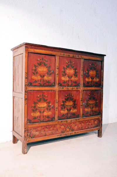 Credenza cinese con Dipinto in lacca naturale, originale Cina Tibet 4 ante K0241 0143 - lapagoda.net