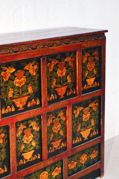 Credenza cinese con Dipinto in lacca naturale, originale Cina Tibet 4 ante K0118 - lapagoda.net