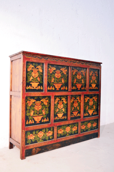 Credenza cinese con Dipinto in lacca naturale, originale Cina Tibet 4 ante K0118 - lapagoda.net