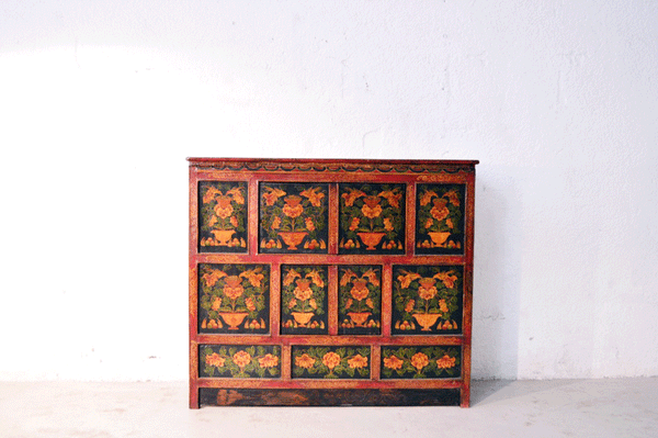 Credenza cinese con Dipinto in lacca naturale, originale Cina Tibet 4 ante K0118 - lapagoda.net