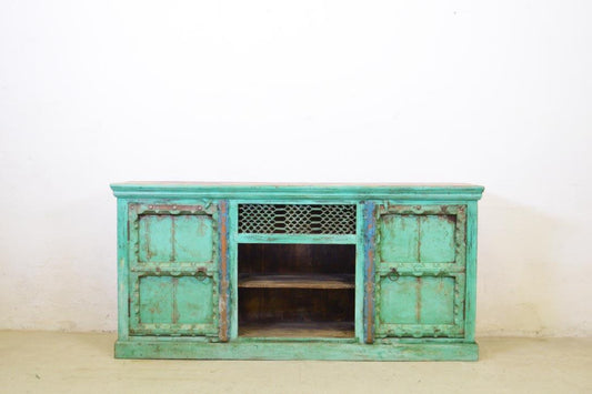 Credenza etnica india porte vecchie in legno massello dipinto verde con griglia originale in ferro battuto 2 ante - lapagoda.net