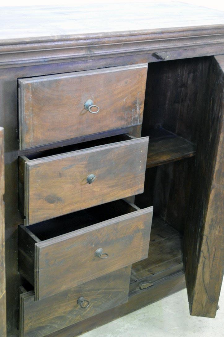 Credenza etnica indiana porte vecchie in legno massello alta 2 ante 4 cassetti - lapagoda.net