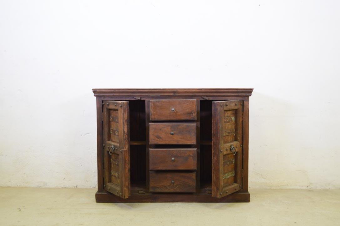 Credenza etnica indiana porte vecchie in legno massello alta 2 ante 4 cassetti - lapagoda.net