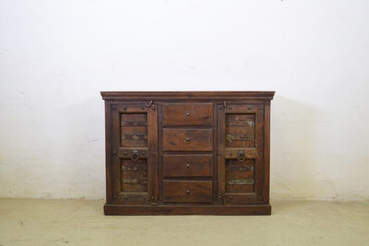 Credenza etnica indiana porte vecchie in legno massello alta 2 ante 4 cassetti - lapagoda.net