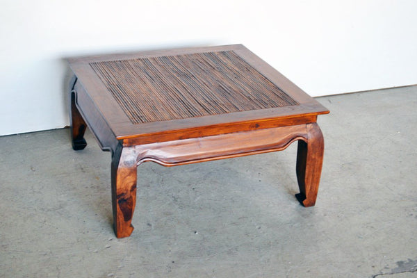 Tavolo oppio basso quadrato in legno massello di Teak e piano in rattan - TAV019 - lapagoda.net